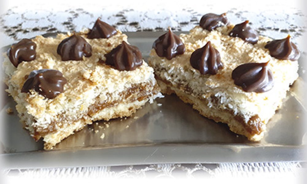 Cuadrados de dulce de leche, coco y chocolate