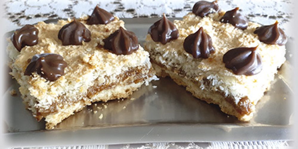 Cuadrados de dulce de leche, coco y chocolate