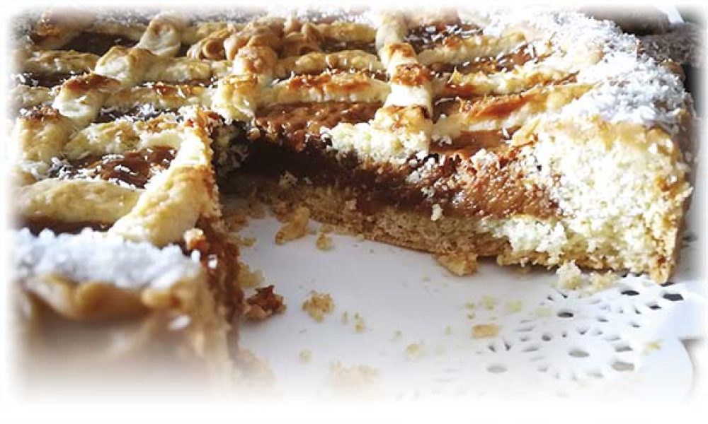 Pasta Frola de dulce de leche, avena y chocolate.